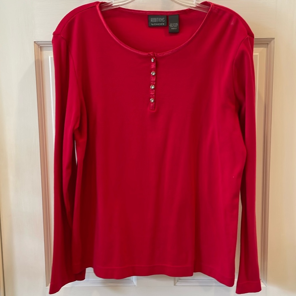 Additions by Chico’s Red Size 2 (12/14) Long Sleeve Tee with Rhinestone Buttons.